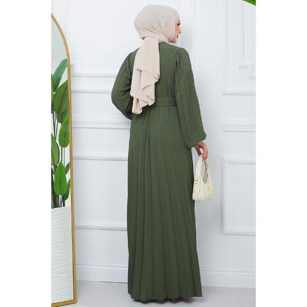 Belted Pleated Aerobin Dress Khaki Hm2339