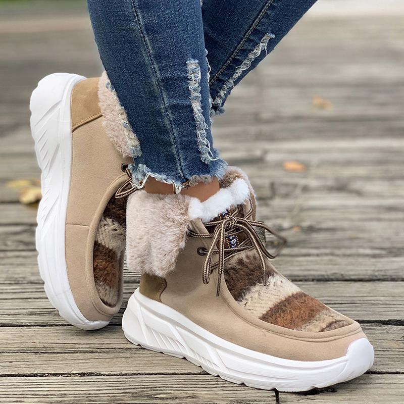 Mode Dickes Plüsch Warme Winterschuhe für Damen 2024 Mode Schnürung Kunstfell Stiefeletten Frau Mix Farbe Plateau Schneestiefel Übergröße