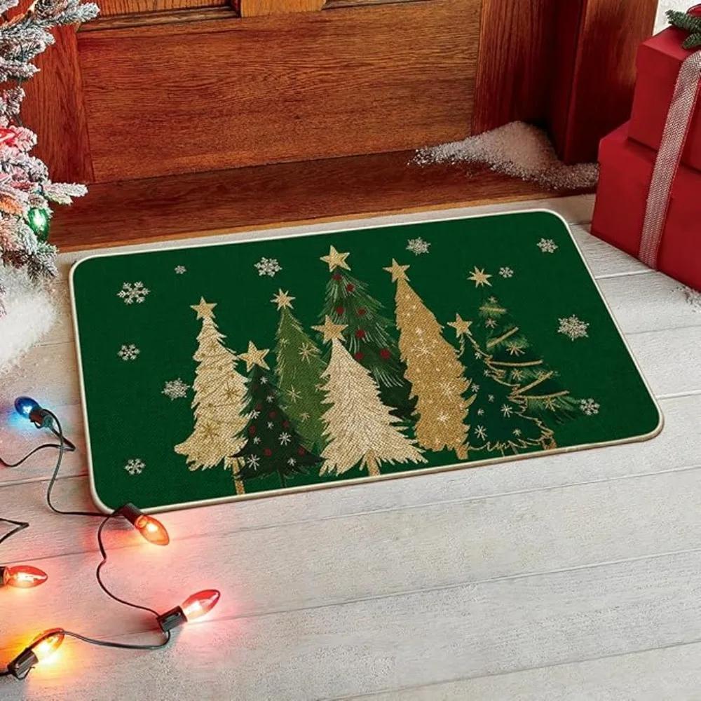 Christmas Carpet Mat Rug Red Background with Green Gold Tree Pattern MERRY CHRISTMAS Text Non-slip Floor Mat for Home Decorati