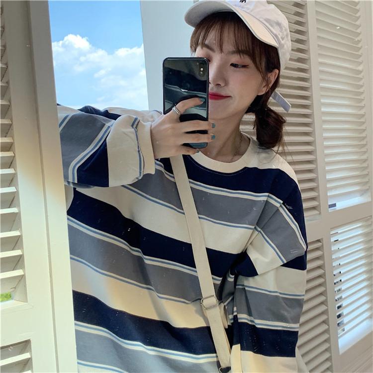Women Striped Crew Neck Sweatshirt Oversized Loose Long Sleeve Pullover Top Casual Harajuku Style Student Blouse