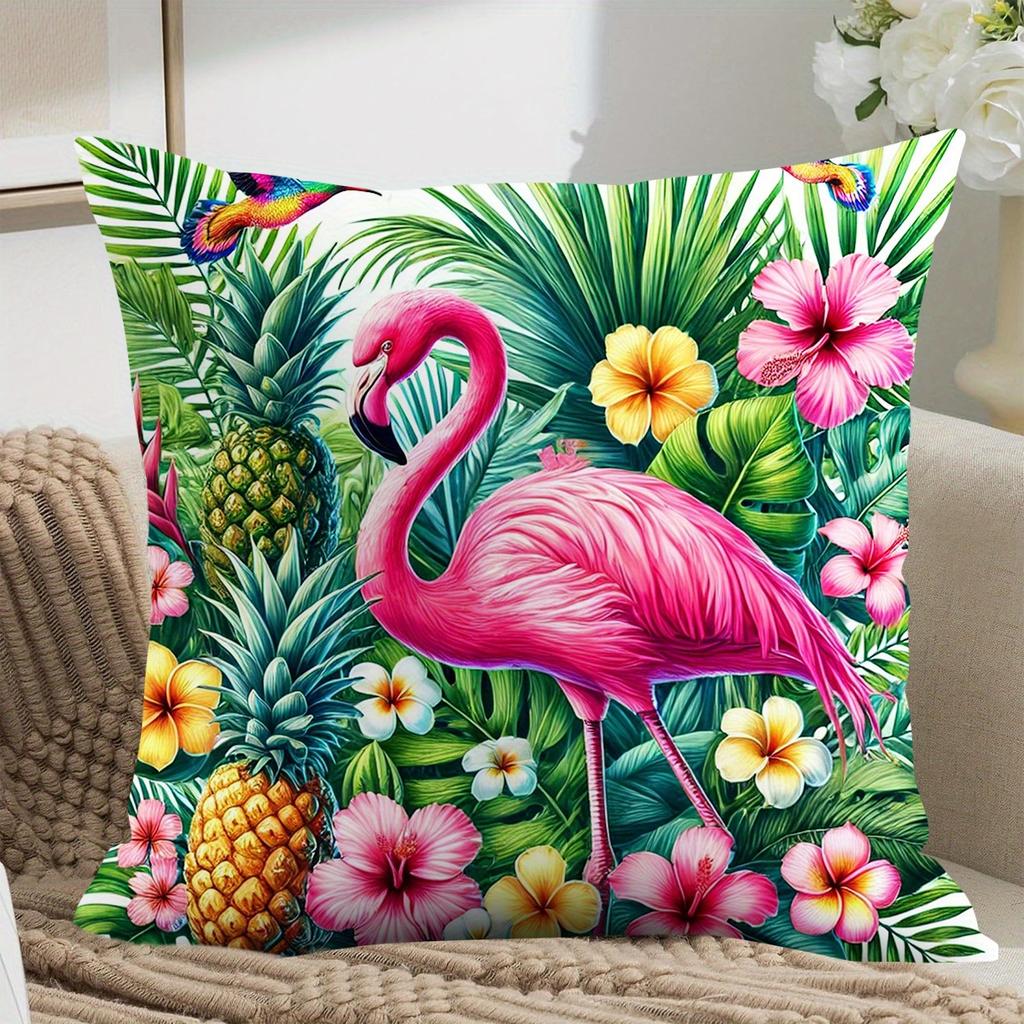 pc D Flat (Pillow Not Included) Pink Flamingo Tropical Pineapple Hibiscus Cushion Cover Short Plush Summer Decor Throw Pillow