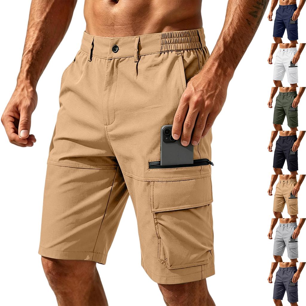 Men's Summer Casual Multi Pocket Cargo Shorts Outdoor Knee Length Work Shorts with Elastic Waistband and Zipper Pockets for Daily Use