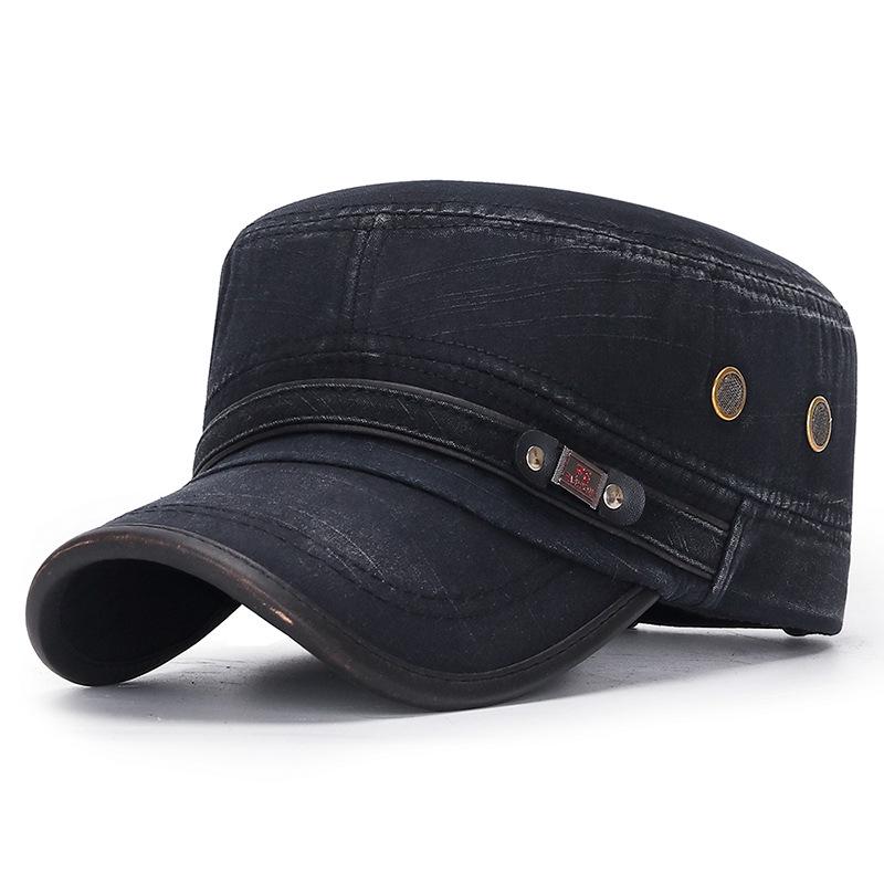 

Spring & Autumn Unisex Bamboo Cotton Flat Top Hat - Distressed Leather Edge, Retro Faded, Washable Adjustable чорний