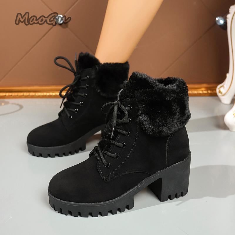 Fashion Faux Fur Lace Up Ankle Boots Warm Women 2025 Autumn Winter Fashion Solid Black High Heel Boots Warm Short Plush Booties Non-slip