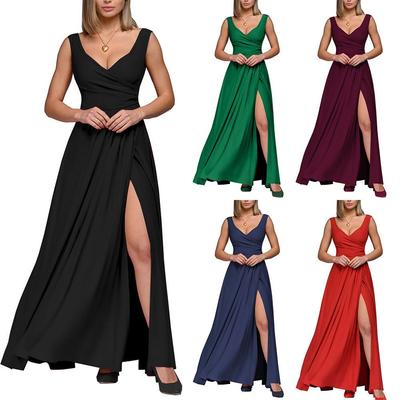 Abito Maxi Elegante da Sera Monocolore Senza Maniche Aderente in Vita Estate 2023