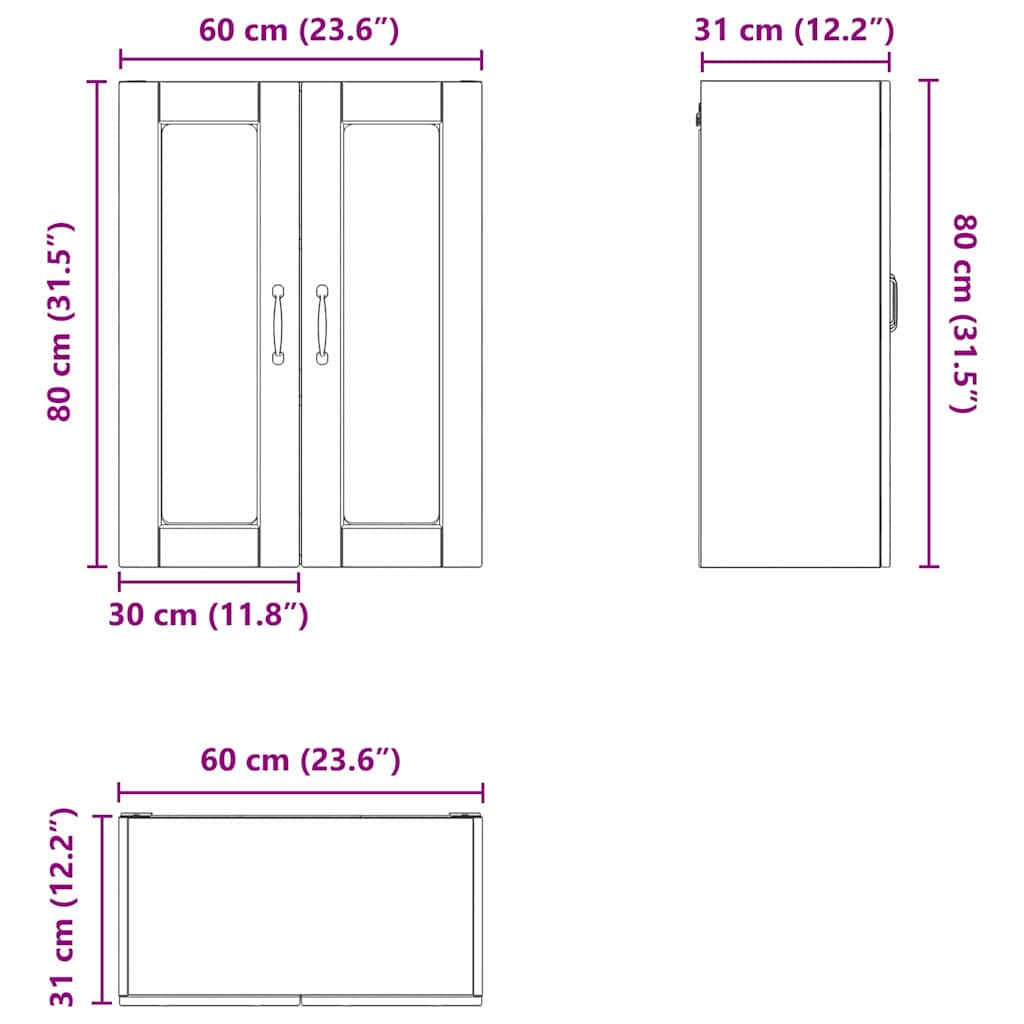 Wall Mounted Glass Cabinet PORTO Sonoma Oak 60 x 31 x 80 cm