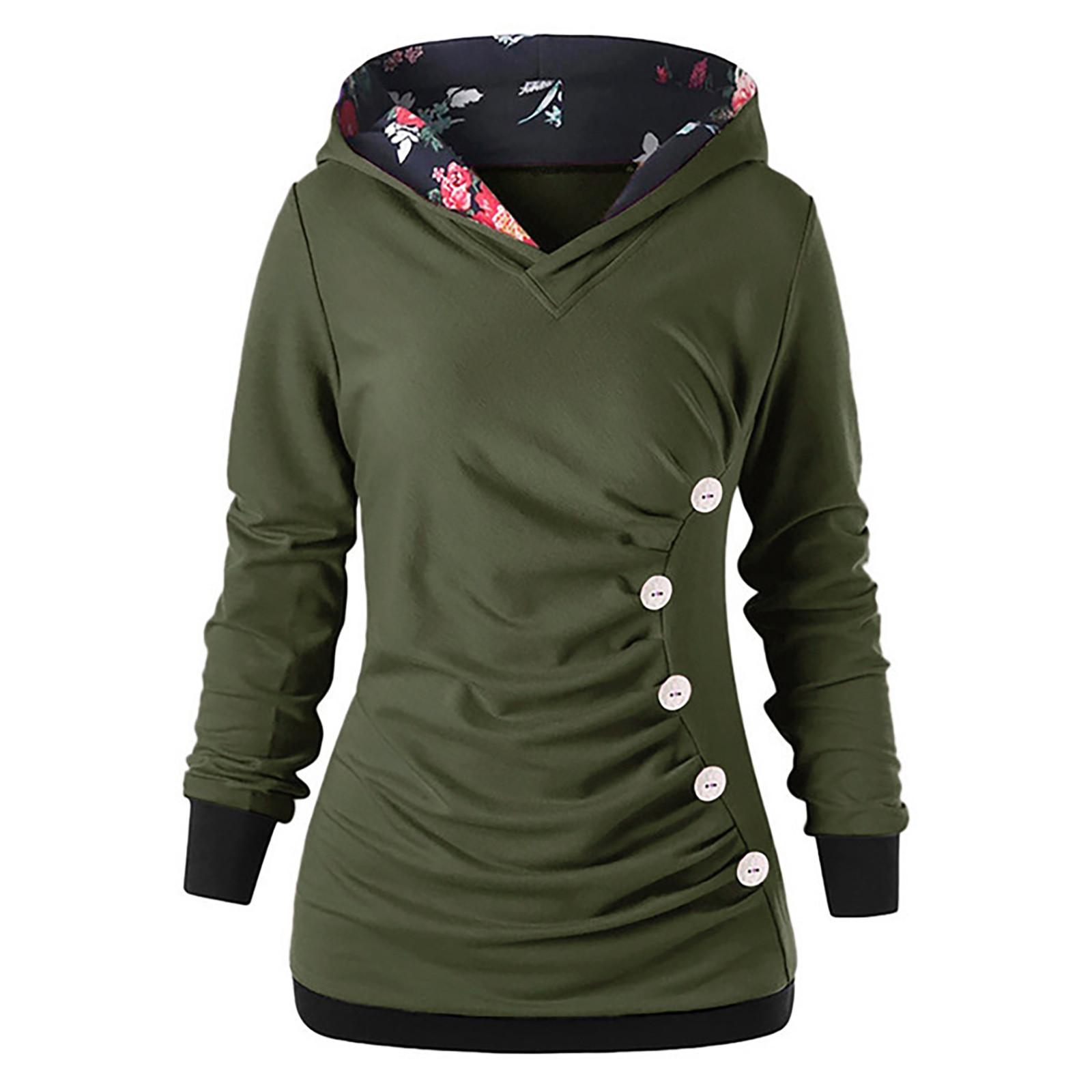 Women Casual Color Pullover Hooded Long-Sleeve Button Blouse Sweater Tops S