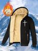 Men's Warm Fleece-Lined Hooded Jacket With Large Cross Inspirational Print-Casual Winter Outdoor Zip-Up Cardigan Winter Jacket