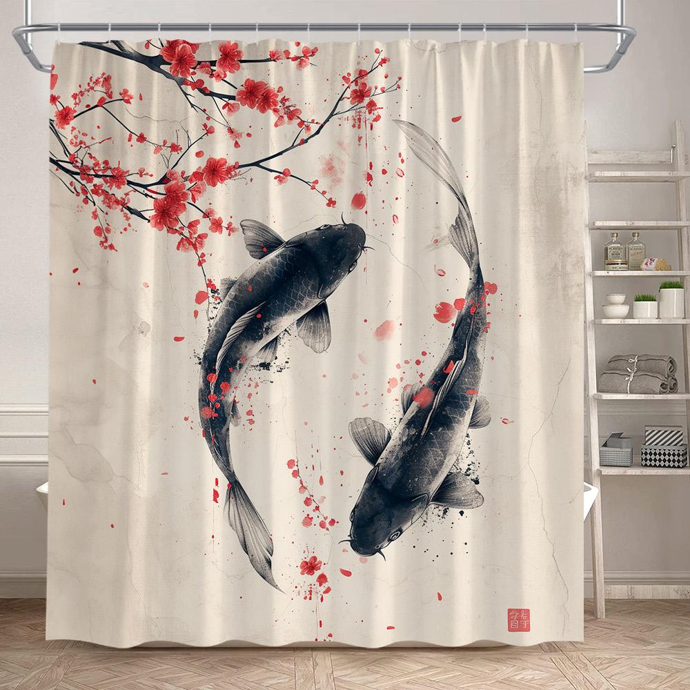 Pink Cherry Blossom Koi Fish Shower Curtains Watercolour Floral Lotus Leaves Carp Japanese Style Bathroom Curtain Set Home Decor