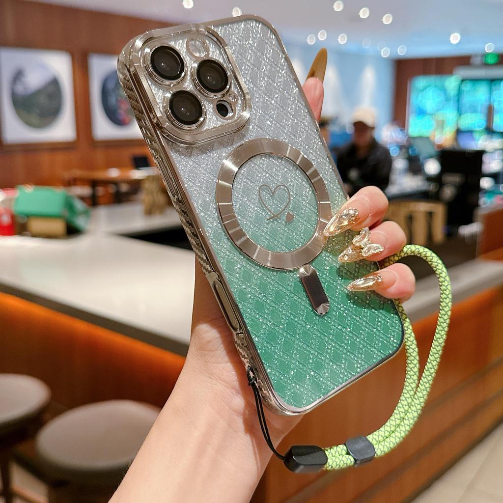 Lanyard Magnetic Gradient Color Glitter Bling Camera Lens Protect Bumper Phone Case For iPhone 17 Air 16 15 Pro Max Samsung S25 S24 Protective Cover