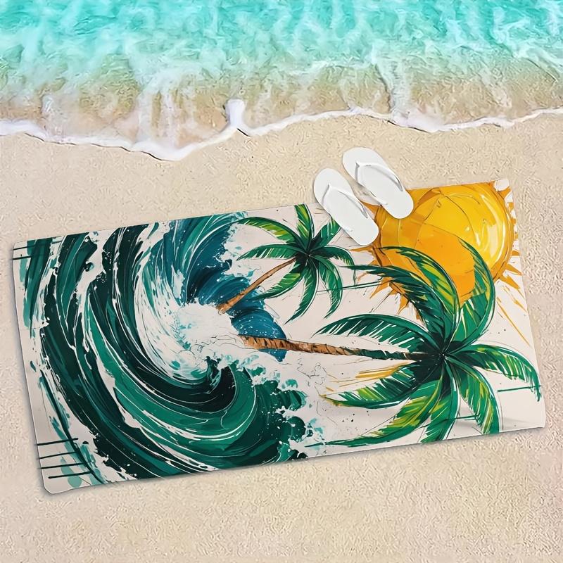 Vibrant Watercolor Palm Tree Wave Print Beach Towel, Soft Quick Dry Oversized Bath Towel, Tropical Summer Accessory 1pcs