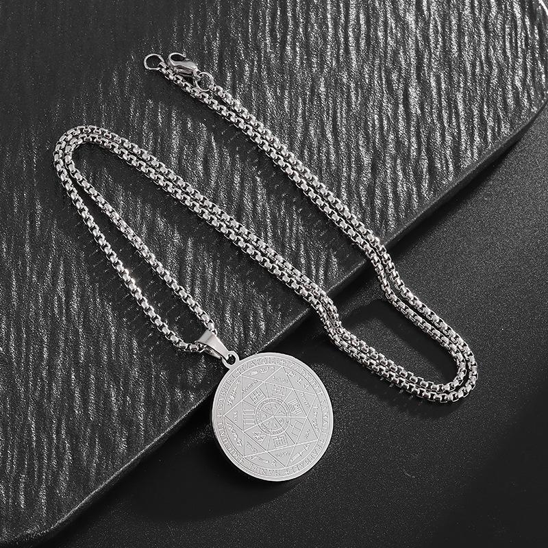 Angel Pendant with Scripture Seal Totem Runes Tag Made of Stainless Steel Round Plate for Men's Necklace