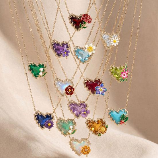 Birthstone Heart Necklace Birth Stone and Flower Pendant Necklace Jan to Dec