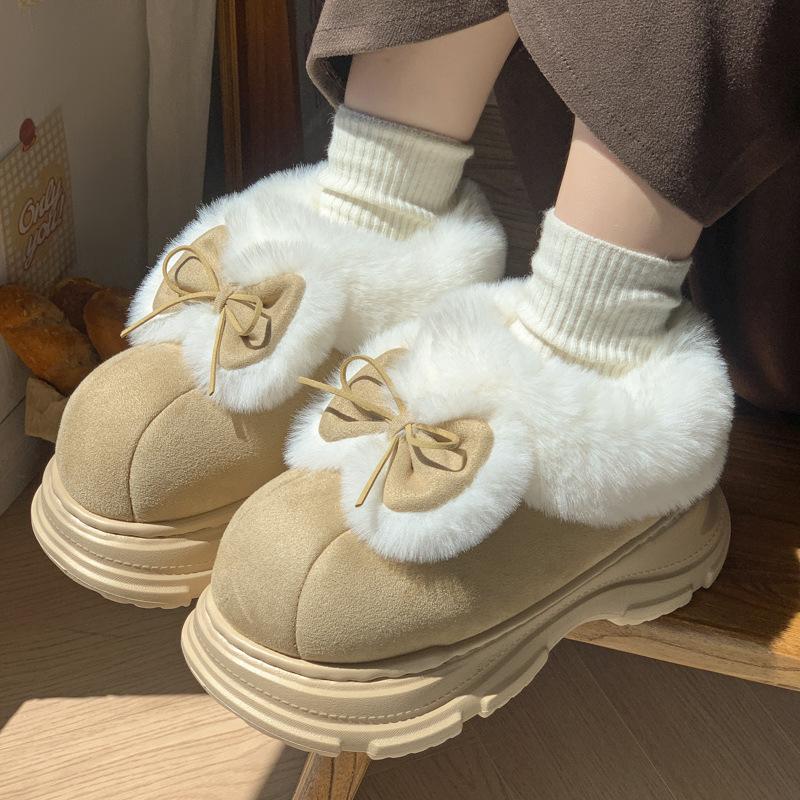 New Mid-top Bow Suede Wool Cotton Shoes Autumn and Winter Velvet Warm Thick-soled Heightening Non-slip Snow Boots