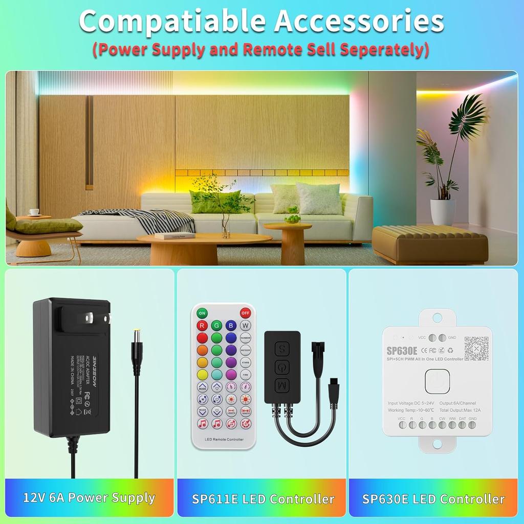 RGB WS2811 IC COB LED Strip Lights 18ft,DC12V Addressable Chasing Color RGB LED Lights,Multicolored Flexible Strips for Party, Decoration, Home DIY