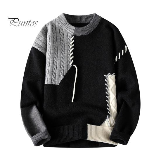 Podzim Zima Muži Svetr Barva Blokování Krájení Design Kulatý výstřih Volný Pletený svetr Silný Teplý Spodní Svetr Běžné Oblečení Práce Seznamka Svetr