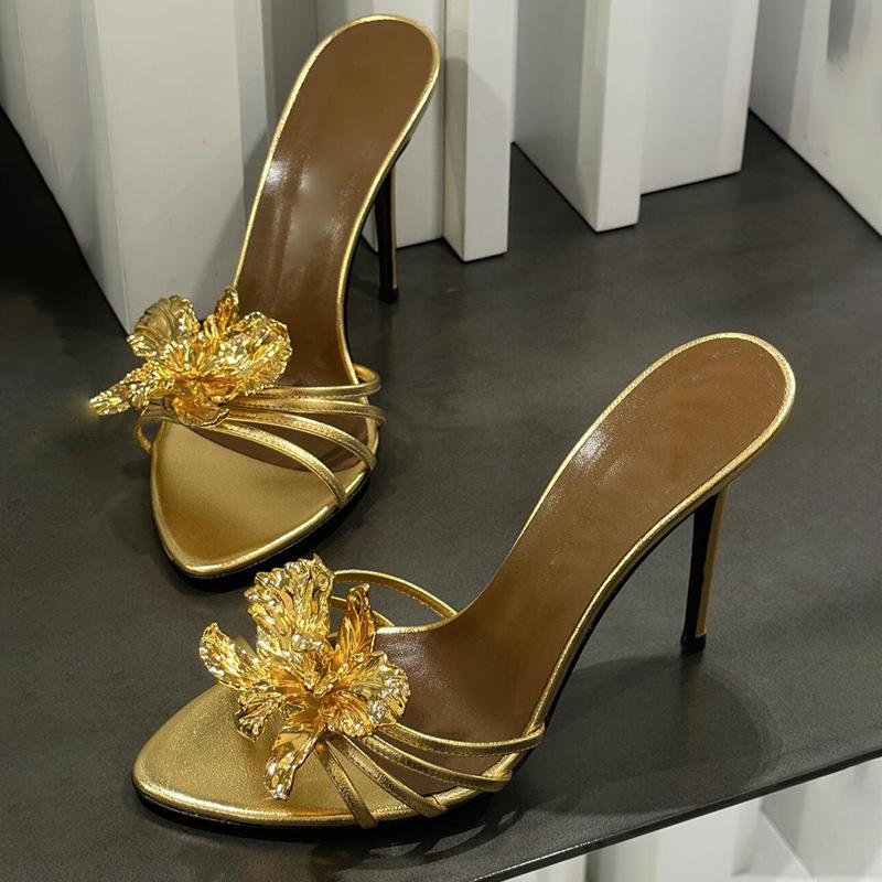 

New metal flower beautiful fashion sandals women s stiletto high heels black cool slippers 40 золотой