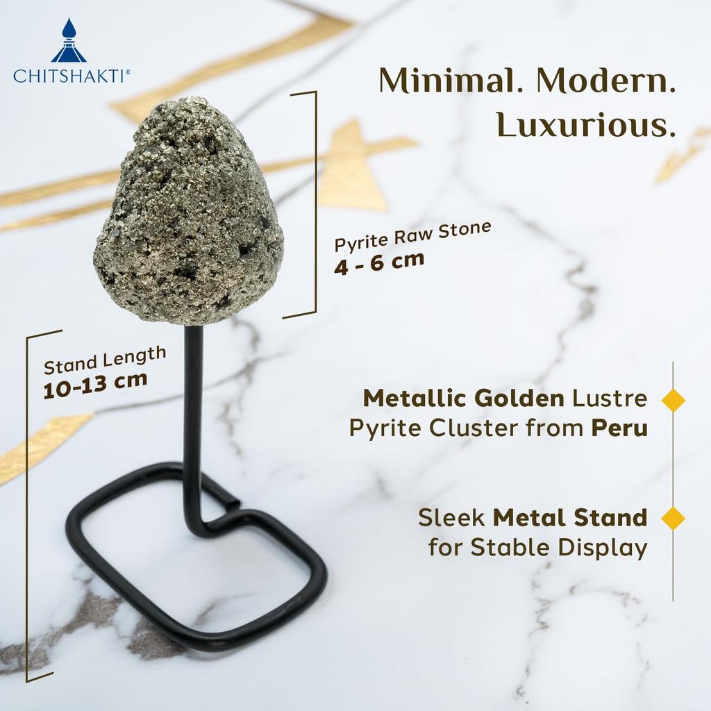 Chitshakti Original Raw Pyrite Stone with Metal Stand | Natural Pyrite Stone Display for Home & Office Decor | Feng Shui Crystal for Wealth, Prot