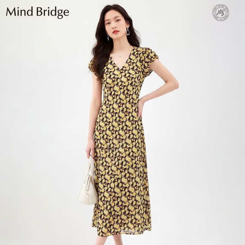 Mind Bridge V-Neck Tie-Waist Floral Print Midi Dress M
