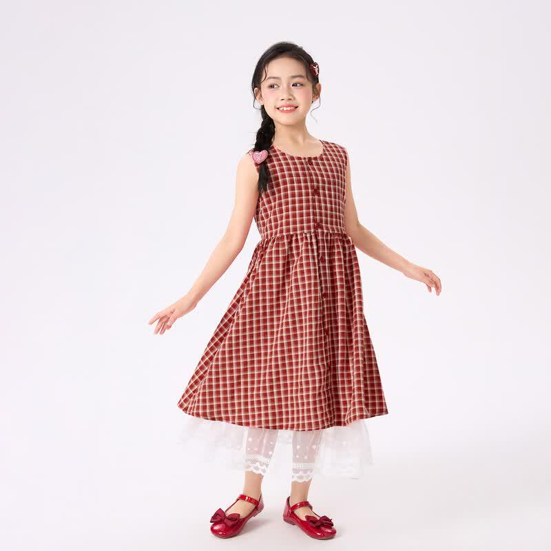 Girls' Plaid Lace Sleeveless A-line Dress