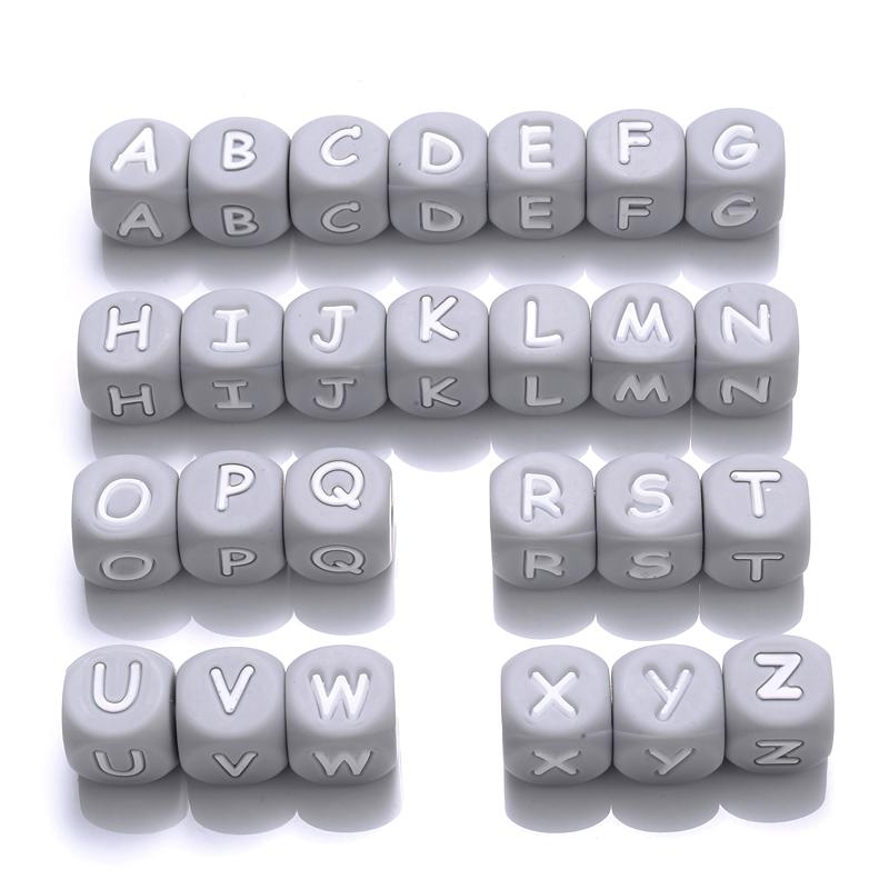 50pcs 12mm White+Gold Silicone Letters Beads Baby Name Teething Teethers English Alphabet Bead for Chew Nursing Shower Gifts