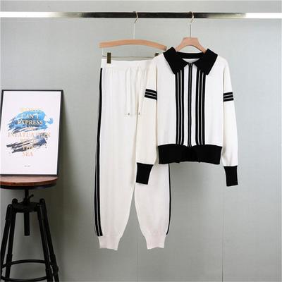 Spring and Autumn New Fashion Zipper POLO Collar Color Blocked Knitted Cardigan Set for Women  Sporty Two Piece Set