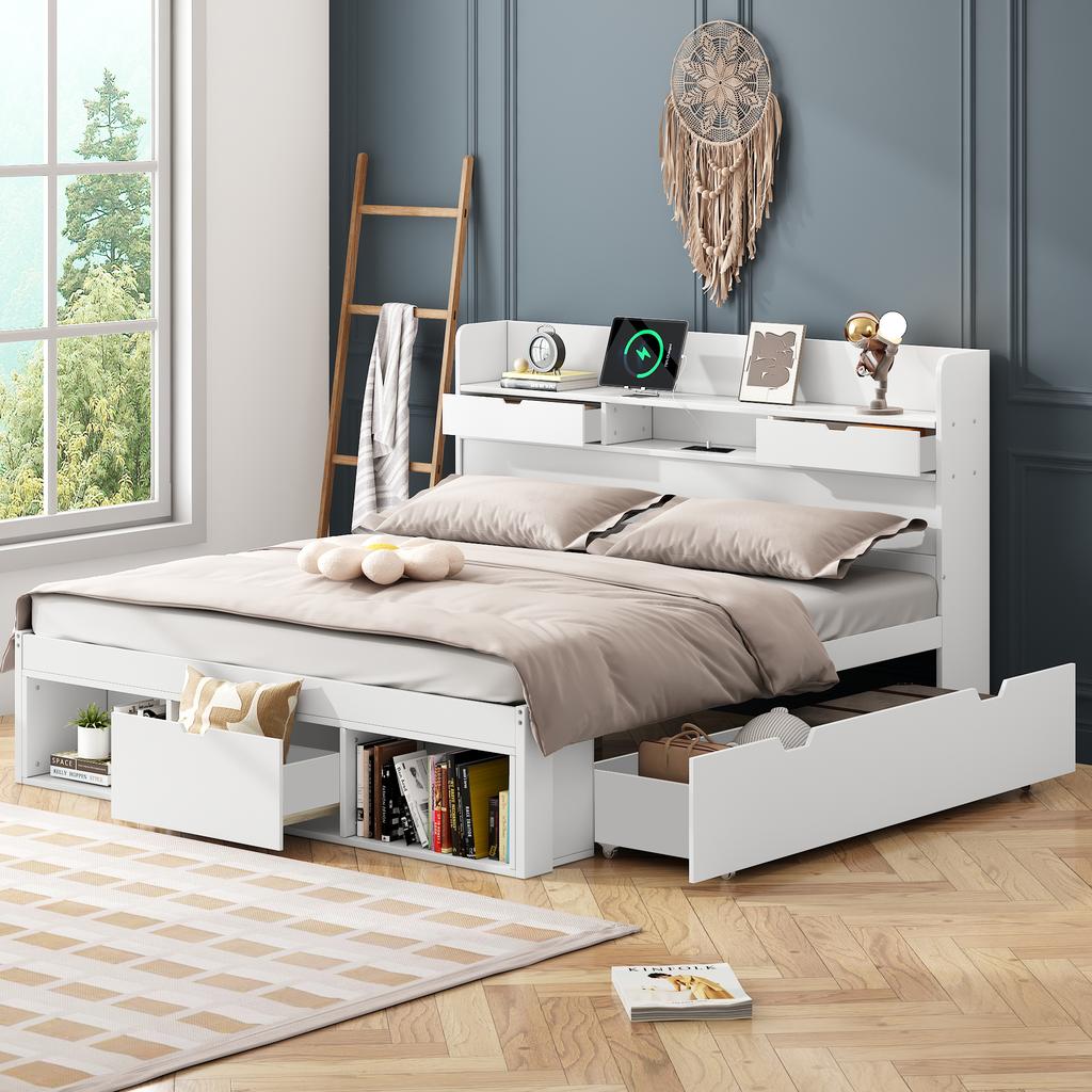 Doppelbett, 160*200cm, Mit USB-Anschluss & Schubladen & Aufbewahrungsschrank, Kinderbett, Multifunktionsbett, Großer Stauraum, ohne Matratze, Weiß