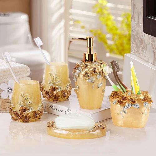 Resin Bathroom Set Toiletries Bathroom 5-piece Set with Rectangular Tray Lotion Bottle Toothbrush Holder Mouth Cup Soap Dish