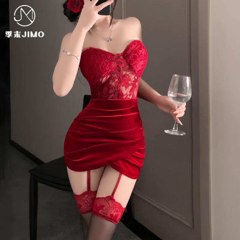 Sex Lingerie End-of-season Golden Velvet Sexy Splicing Lace Waist Tube Top Skirt Pure Desire Dress
