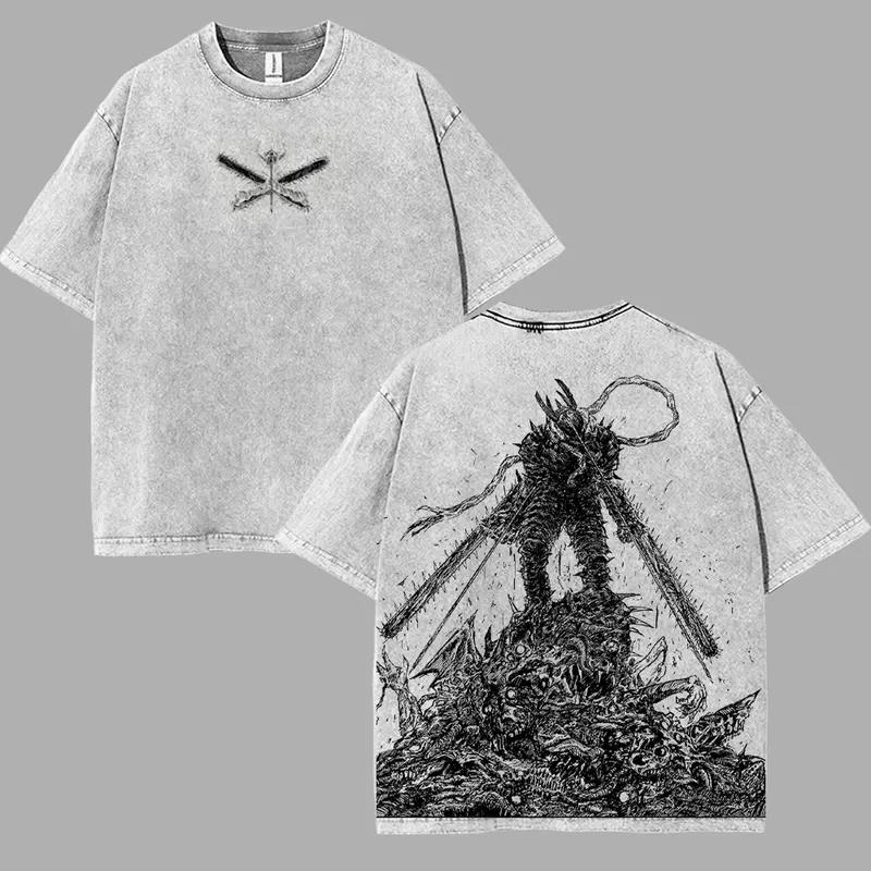 Anime Chainsaw Man Denji Pochita T-shirt for Men Clothing Tops Vintage Washed Cotton T Shirt Oversized Short Sleeve Graphic Tees