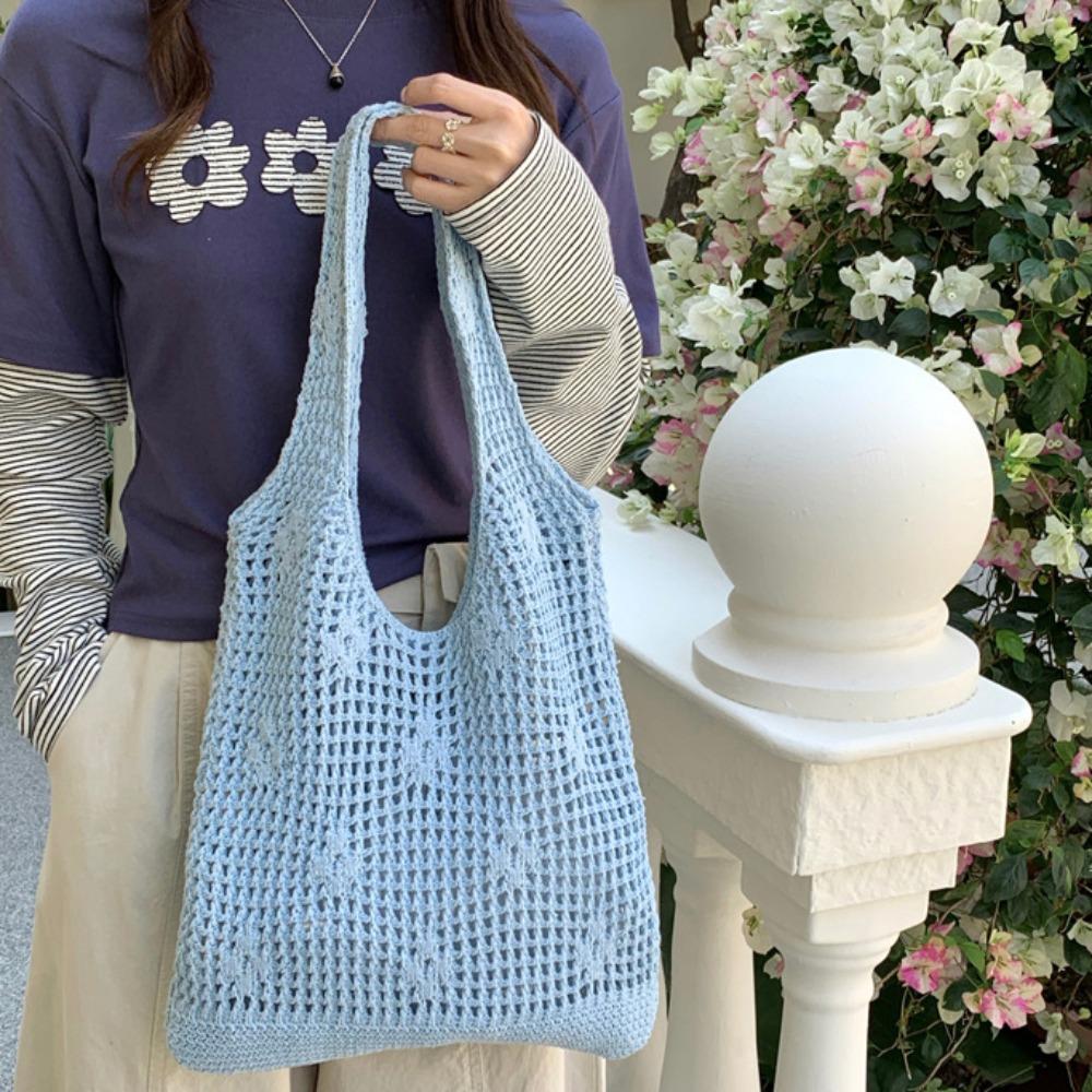 Braided Crochet Flower Tote Bag Solid Color Beach Bag Sweet Hollow Out Knitted Weave Bag  Daily