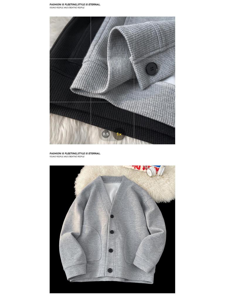 Men's Retro Waffle Knit V-Neck Cardigan Hoodie – Spring/Autumn Heavyweight Loose Casual Jacket.