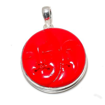 Natural Italian Red Coral Gemstone 925 Sterling Silver Pendant 1.97" L3p23