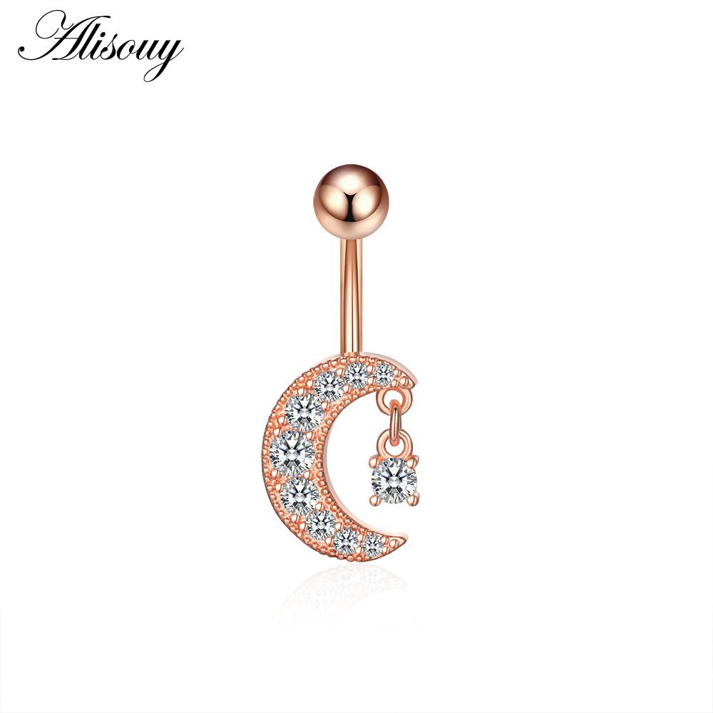 Alisouy 1pc Zircon Sexy Long Belly Ring Star Sun Moon Heart Navel Piercing Surgical Steel Women Belly Button Ring Navel Jewelry