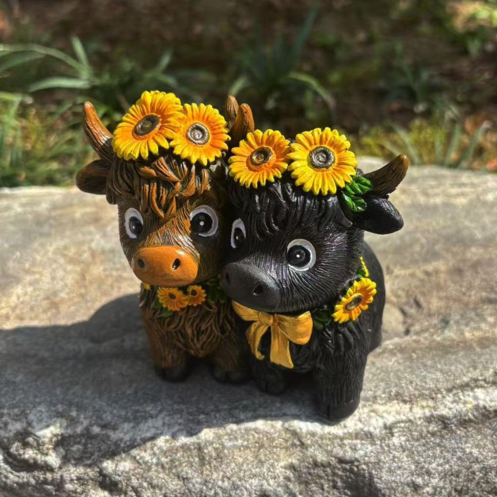 Resin Highland Cow Figurines Spring Sunflower Calf Lovers Gifts Scottish Cow Statue  Garden Decor
