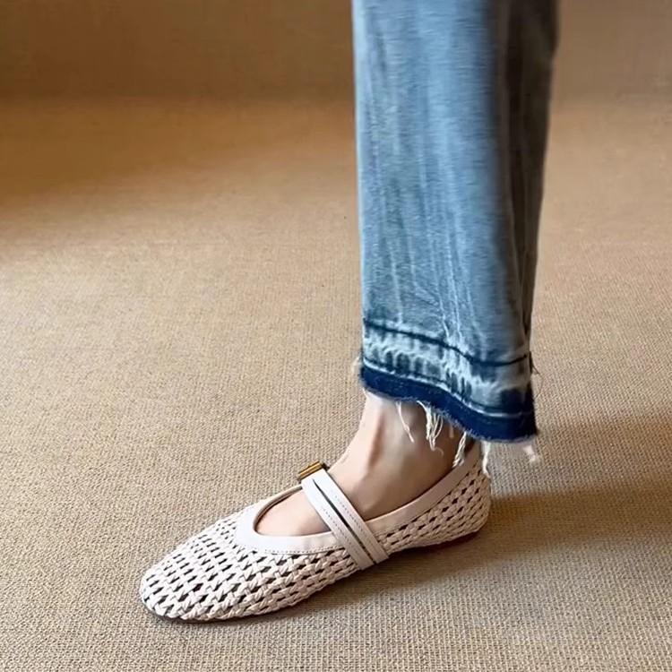 Sheepskin version~ versatile French woven mesh one-word buckle single shoes women's shallow mouth round head flat bottom comfortable Mary Jane shoes