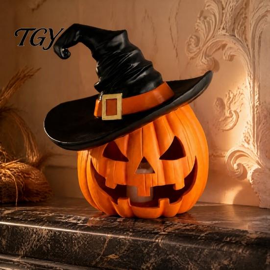 Beschwerte Vollharzfiguren Halloween Kürbis Ornament mit Hexenhut, Jack O Lantern Dekorative Lampe, Gruselige Skript Killing Requisiten Spooky