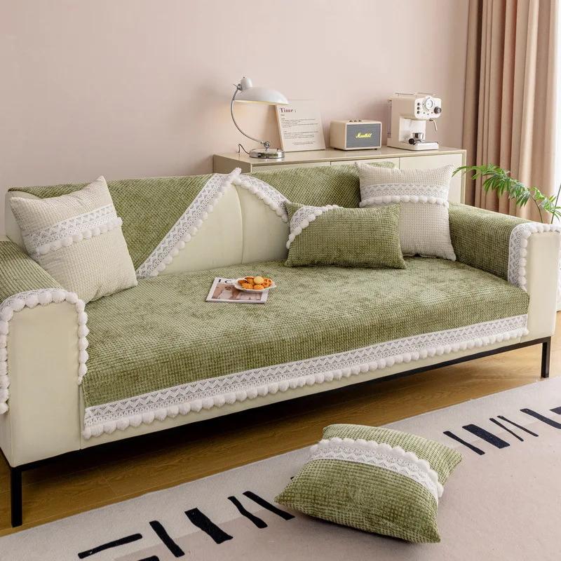 Pernă de canapea din chenille Anti-alunecare Pernă de canapea în formă de L, rezistentă la uzură, cu husă de canapea cu margine de bilă de blană Față de pernă Husă de canapea Waffle