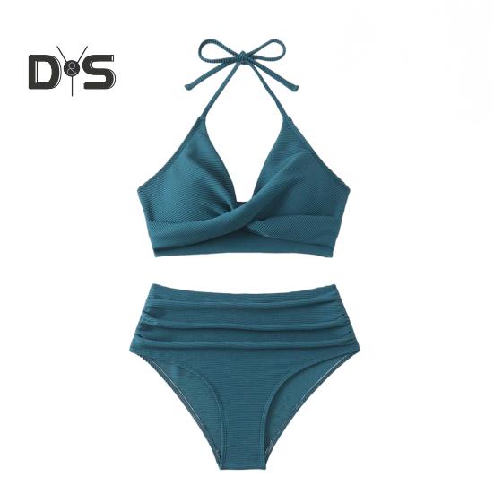

Комплект из 2 предметов: летний комплект бикини, бюстгальтер с лямками на шее и плиссировкой, плавки с высокой талией, однотонный купальник S зелёный