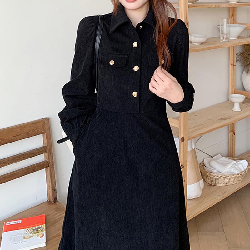 

2024 Corduroy Little Black Dress: Autumn/Winter A-Line, Waist-Slimming Celebrity Style 3XL
