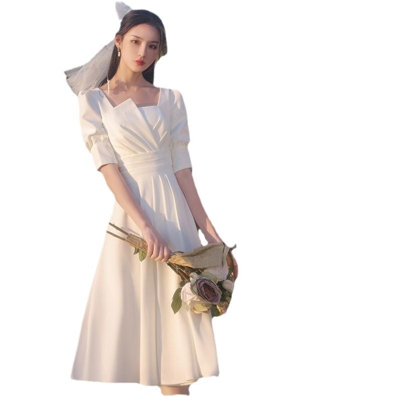Evening Dress Skirt Women's Spring Temperament High-end White Certificate Registration Light Luxury Dress Small People Can Usually Wear