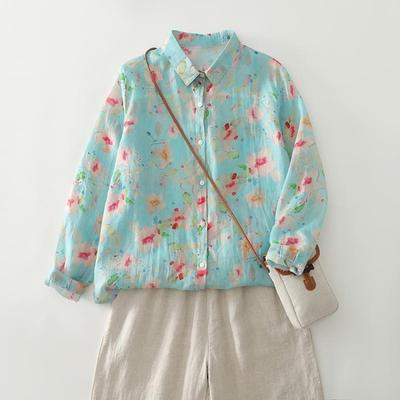 Autumn Floral Print Cotton Long Sleeve Blouse Casual Loose Button Tops for Plus Size Women Tees Shirts New