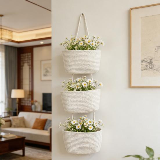 Rope Woven Storage Basket Boho Foldable Washable Hanging Baskets Multi-Tier Wall Mounted Organizer for Kitchen Produce Nursery Decor