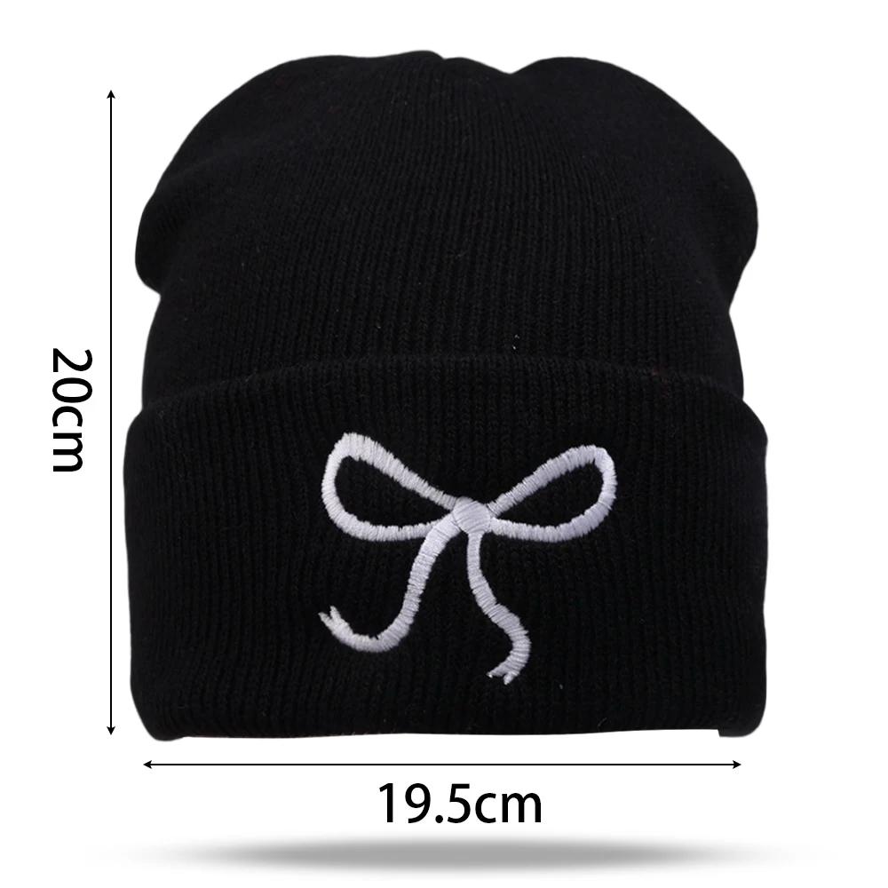 Y2K Bow Embroidered Knitted Hat Autumn And Winter Warm Women Beanies Cap Korean Fashion Solid Color Female Girls Skullcap Bonnet