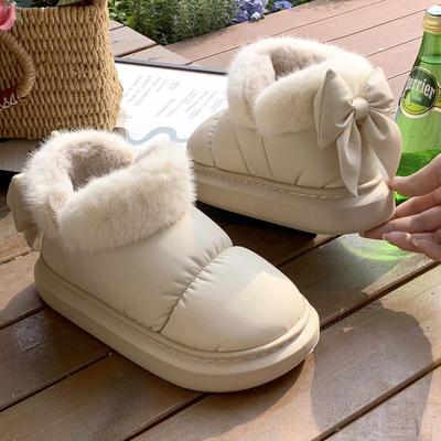 Women's Bowknot Cotton Slippers - Autumn/Winter Thick Sole Non-slip Heel-covering; Indoor Postpartum Warm Velvet.