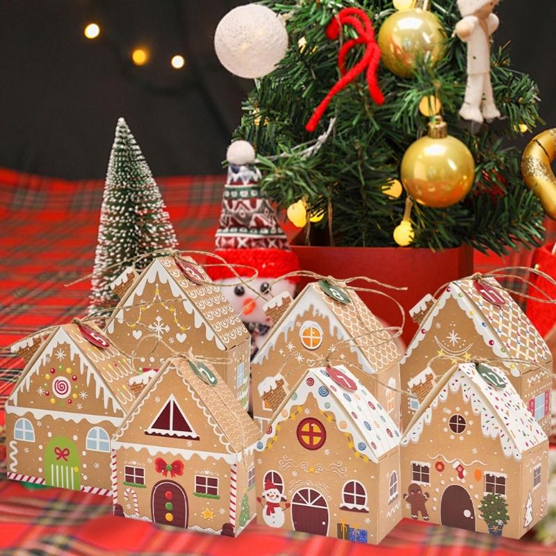 Caixa de Doces Formato Cabana de Natal Com Fita e Etiquetas Para Embalagem de Presente de Feriado Estojo Porta Biscoitos de Chocolate Festivo