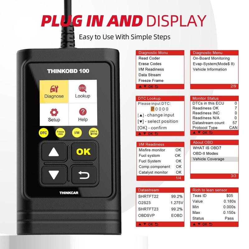 THINKCAR THINKOBD 100 Auto OBD2 skener Čtečka chybových kódů auta Vymazání kódu Test emisí 10 režimů OBD 2 funkce Autodiagnostika