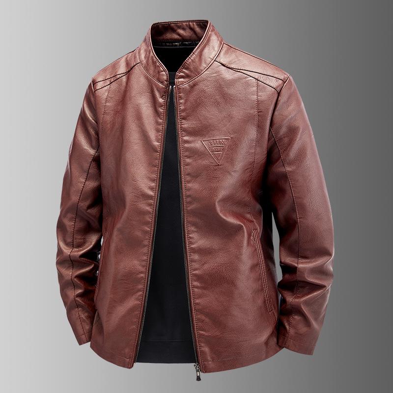 Мужская кожаная куртка приталенного кроя с воротником-стойкой и бархатной подкладкой 4XL