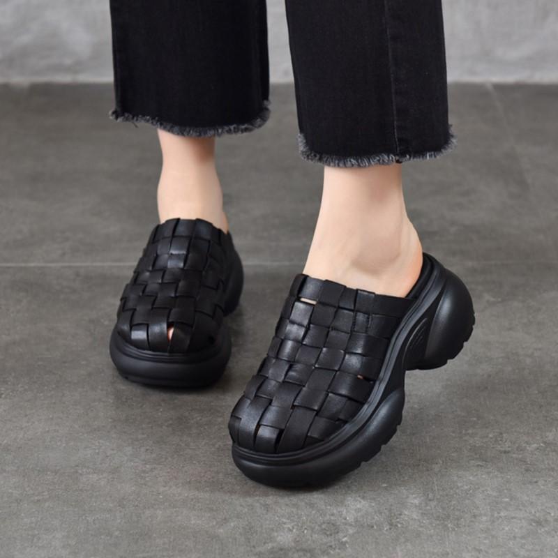 Johnature Echte Leder Gewebte Runde Zehen Hausschuhe Dicke Sohle Höhe Erhöhend Outdoor Damen Slides