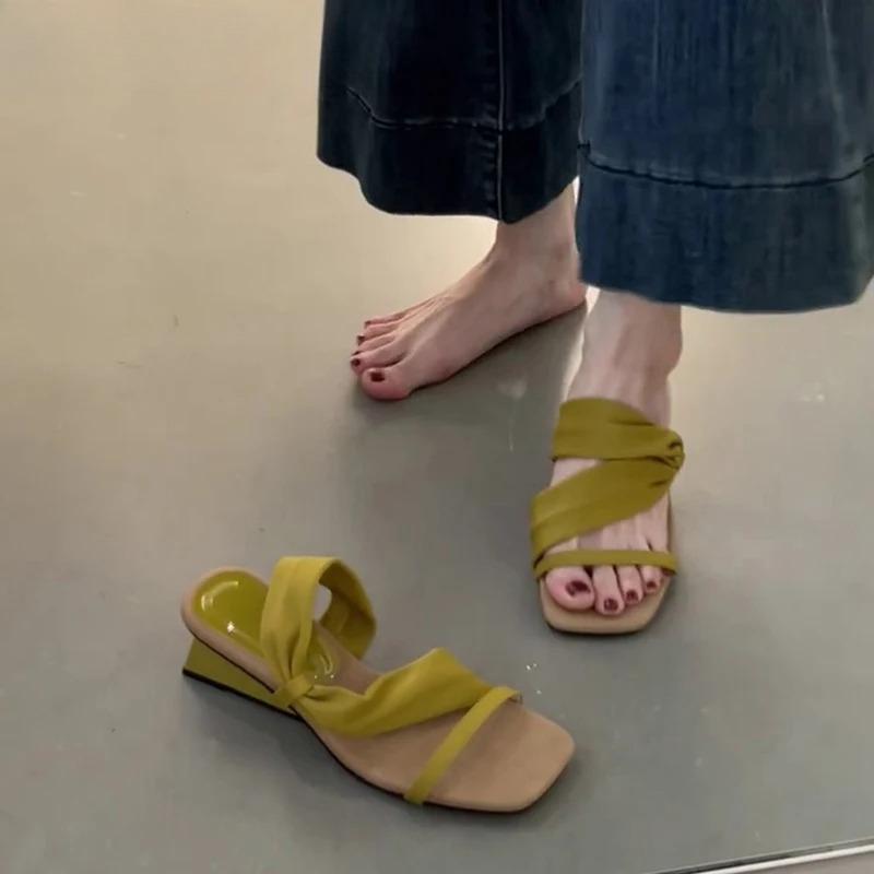 Gladiator Summer Square Toe Women Sandals Fashion Thick Heel Slide Ladies Outdoor Casual Dress Street Style Shoes